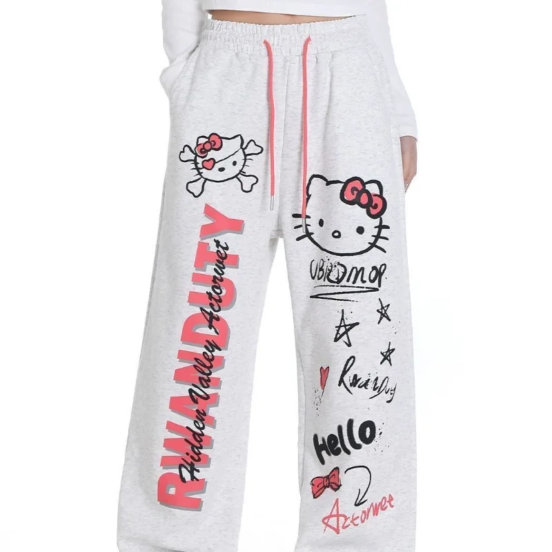 Sanrio japońskie spodnie Y2k wiosenne nowe nadruk Hello Kitty spodnie na co dzień modne luźne spodnie dziewczęce słodkie fajne spodnie dresowe na co