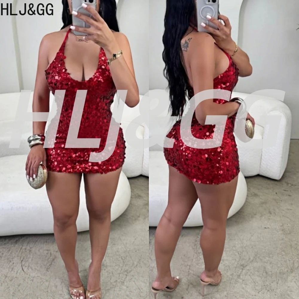 

HLJ&GG Sexy Sequin Hollow Backless Bodycon Mini Dress Women Deep V Sleeveless Lace Up Slim Vestidos Fashion Party Club Clothing