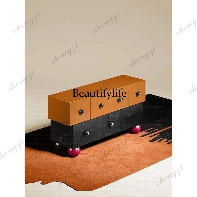 French designer creative color matching solid wood dining side cabinet retro style locker against the wall