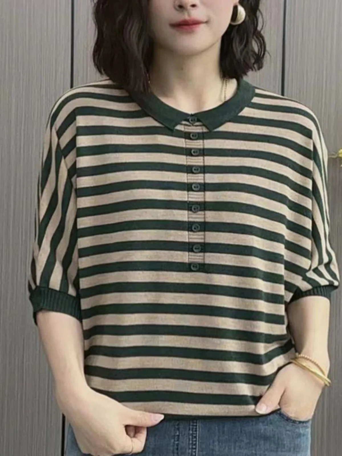 

Loose Fit Mommy Sle Knitted T-irt mid Sve Pure Cotton Striped Casual Top for Middle-Aged Women plus Size Spring Wear