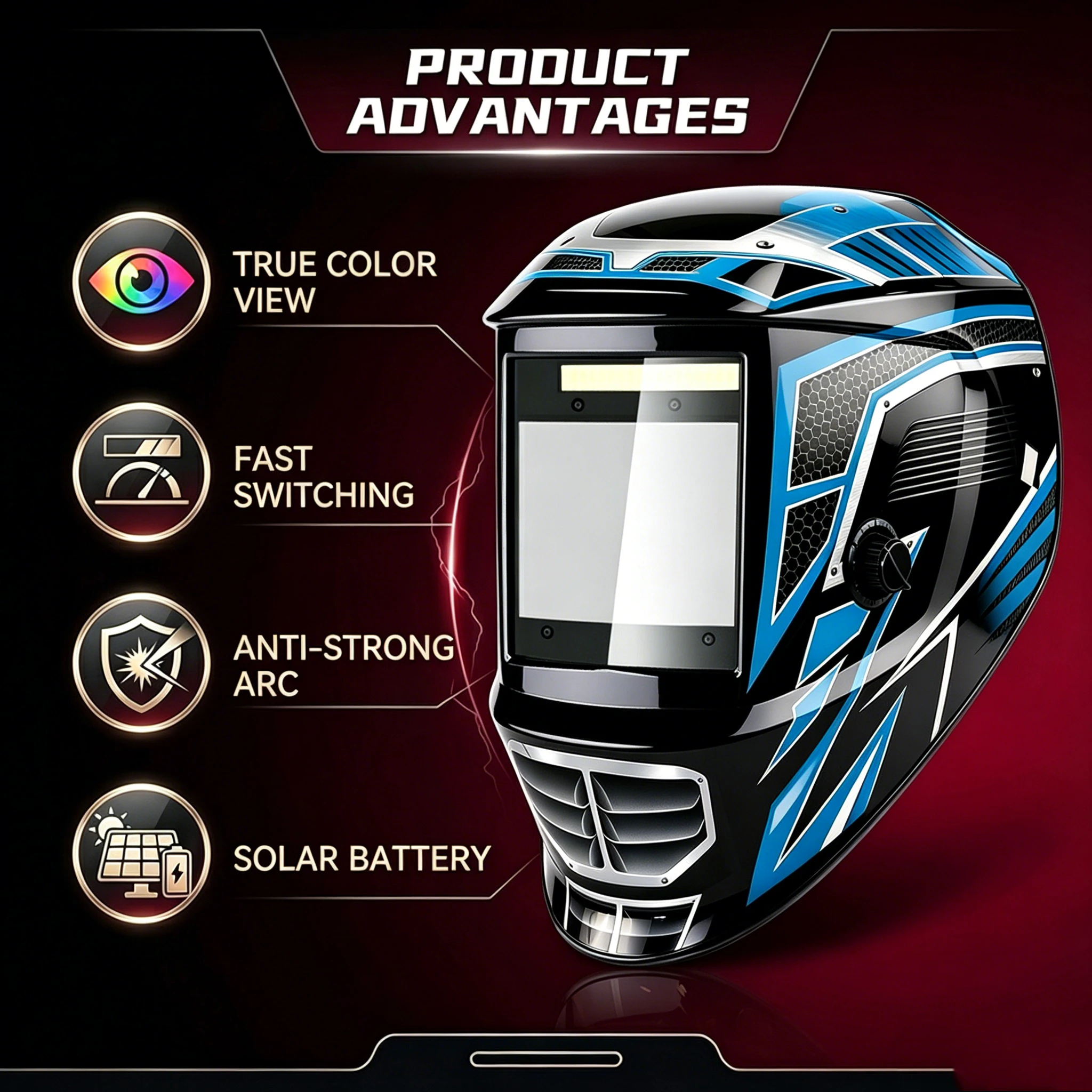 True Color Large Viewing Area Auto Darkening Welding Helmet, Solar Powered with 4 Arc Sensors, Shade 4/5-9/9-13 Adjustable