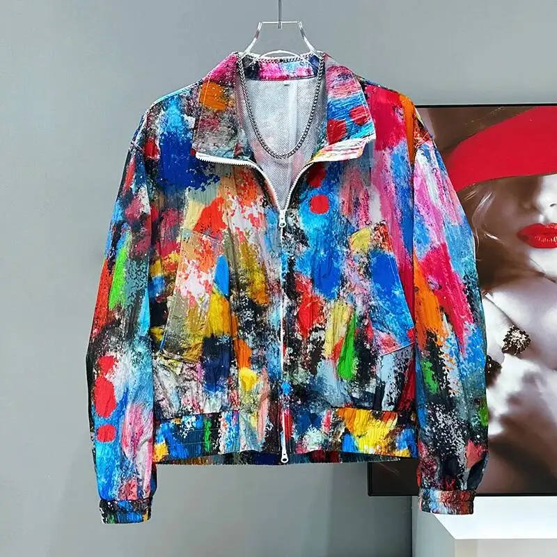 Colorful Men's Coat Summer New Graffiti Craft Thin Breathable Sun Protection Loose Jacket Zipper Long Sleeve Tops ZS36