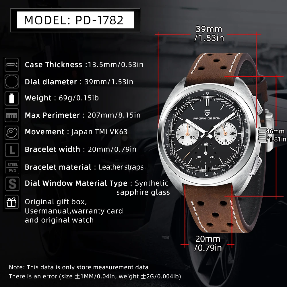 PAGANI DESIGN Retro Men's Quartz Sports Chronograph VK63 Watch AR Sapphire Leather thumbnail 5