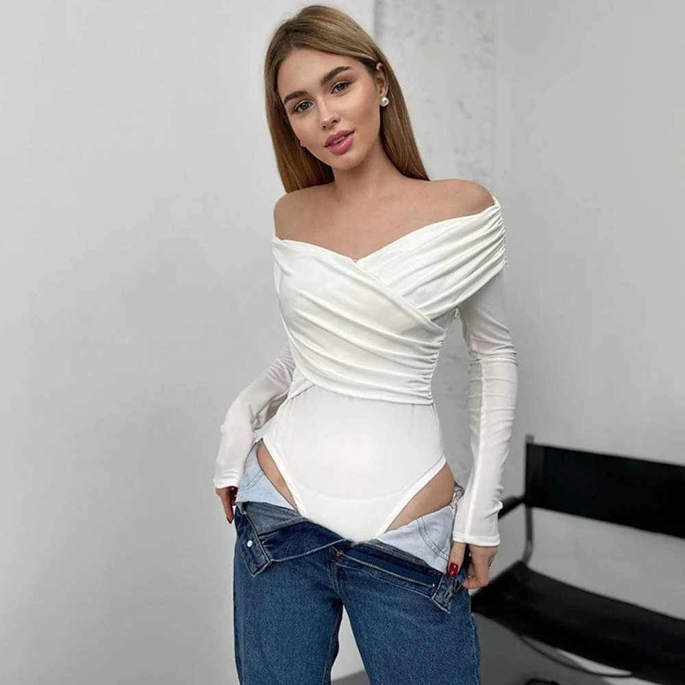 

Stylish Temperament Printed Patchwork Sexy Spicy Girl Solid Color Fashion V-Neck Off Shoulder Long Sleeved Slim Fit Jumpsuit