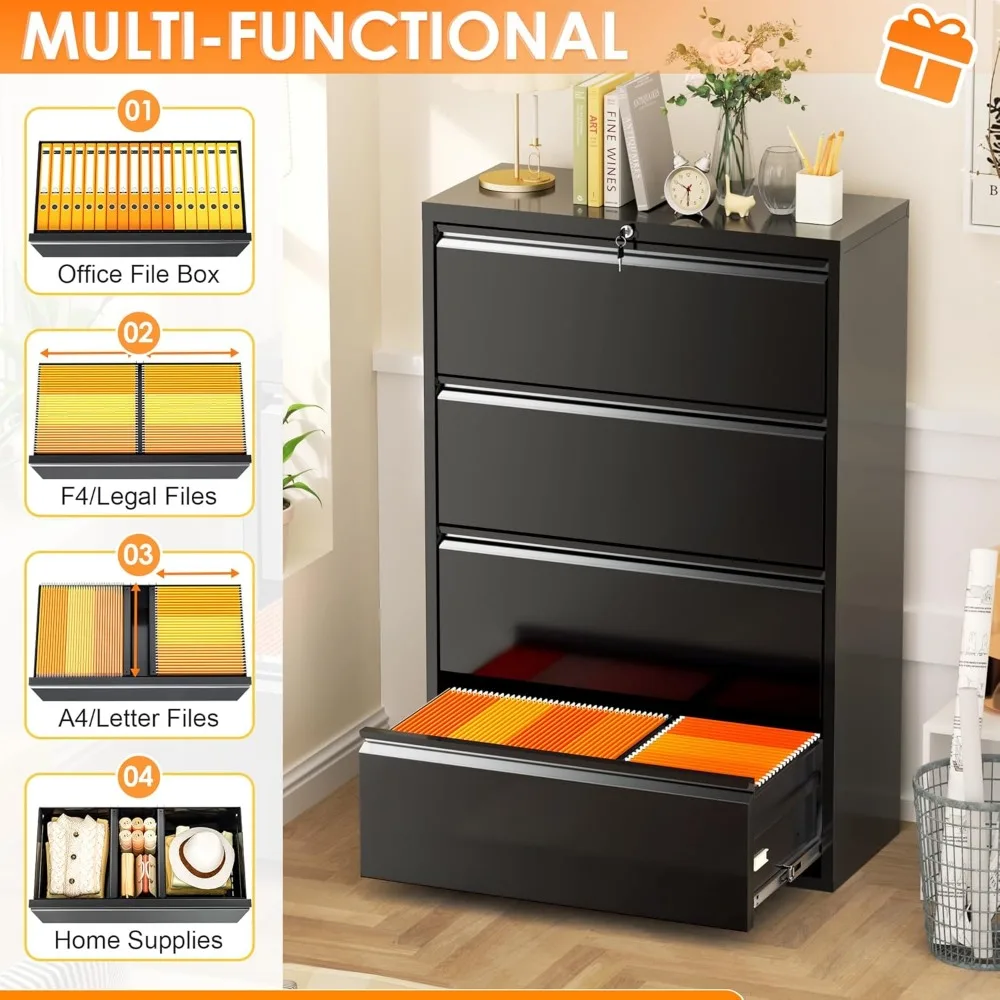 خزانة ملفات جانبية معدنية من الفولاذ مع قفل، نظام حفظ المكتب المنزلي بأربعة أدراج للتخزين السريع والأمان