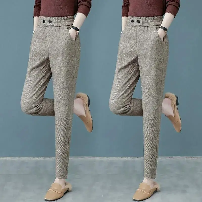 Korean Fashion Autumn Winter Woolen Pants Women Clothing Elastic Waist Solid Pockets Button Casual All-match Slim Haren Trousers