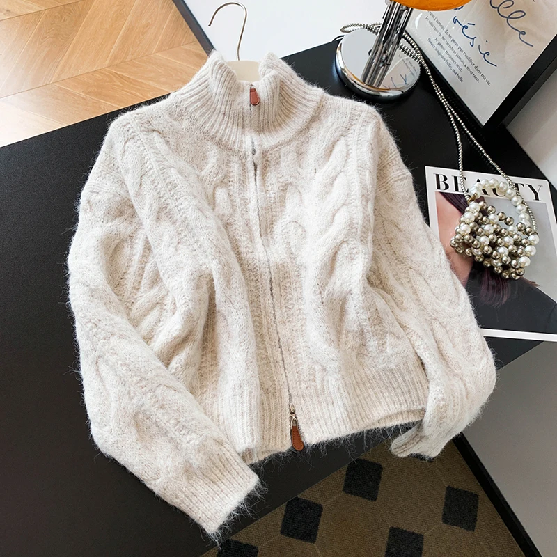 2025 가을/겨울 하이 칼라 지퍼 오픈 스커트 여성용 신상 루즈 소프트 글루티너스 트위스트 니트 코트