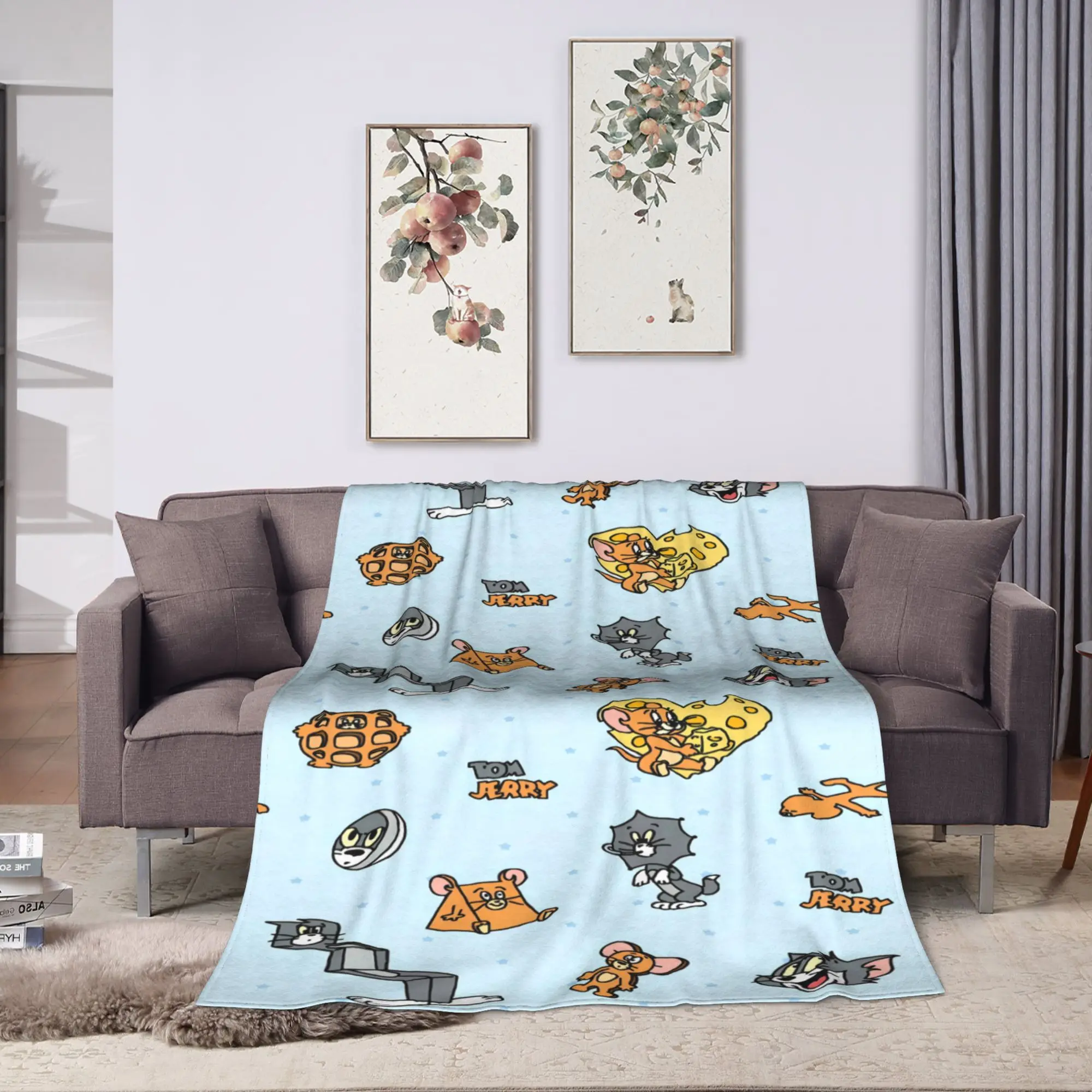 Tom Jerry Light Blue Cute Plush Blankets Boy Girl  Flannel Throw Blanket For Outdoor Soft Warm Quality Bedspread Gift Idea