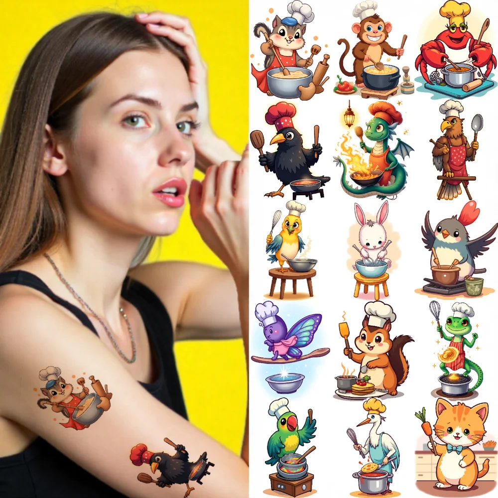 

28pcs Temporary Tattoo Cooking Animals Temporary Tattoo Stickers Animal Chefs Cartoon For Children Arms Shoulders