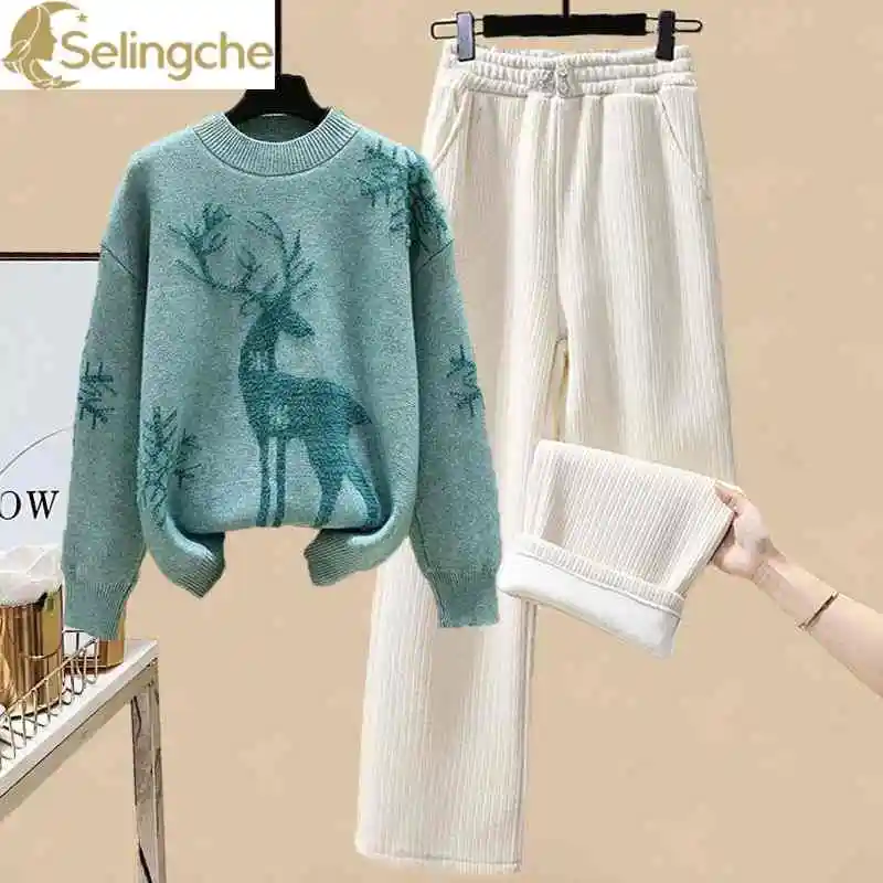 Cartoon Embroidery Round Neck Knitted Sweater Pullover Thick Wide Leg Pants Two-piece Set Elegant Women\'s Pants Set Outfits