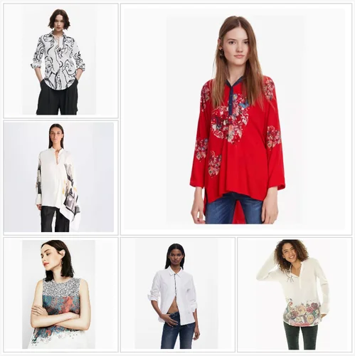 Orden de comercio exterior original: nuevo producto español, camisa holgada de verano con cuello en V estampada bordada para mujer