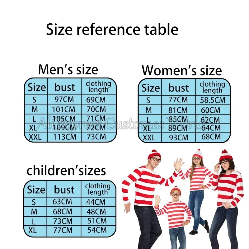 EE01 Unisex Wheres Waldo Cosplay Costume Wally Cos Red White Striped Shirt Shirt Glasses Hat For Adults Christmas HalloweenIo0！
