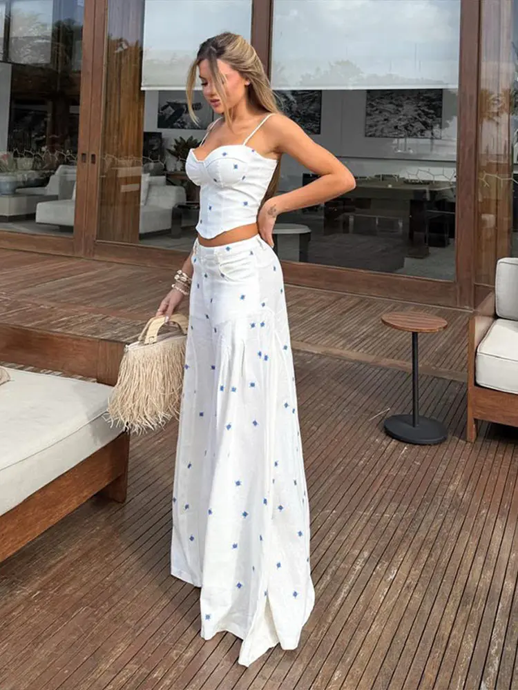 Casual Bodycon Cropped Vest Wide Leg Trousers Fashion Printed Long Pants Set for Women 2026 Summer New 2 Pcs Lay Outfits Street