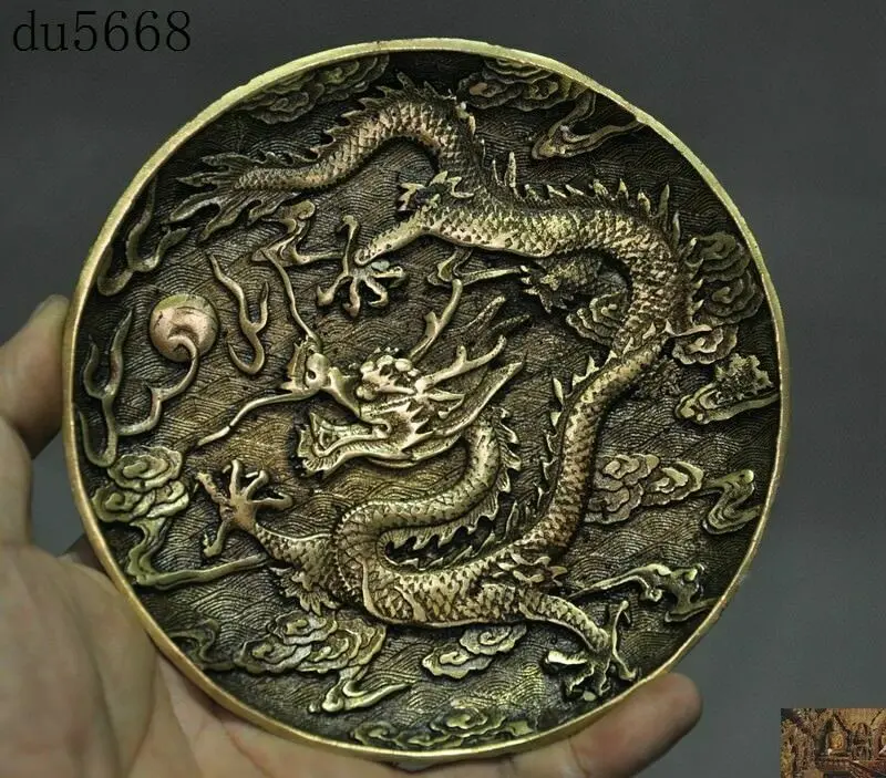 

Old China Dynasty Pure Bronze Copper Zodiac Animal Dragon Statue Disc Disc Disc - Brass animal sculpture