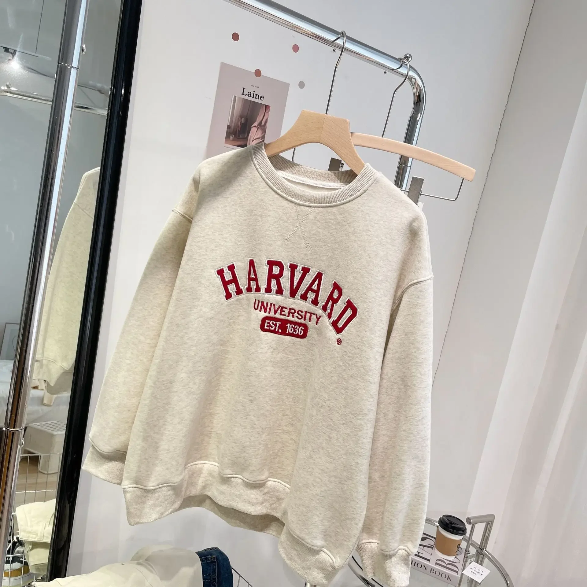 

Spring Autumn Round Neck Hoodie Cotton Women Pullover Letters Plus Fleece Hoodie Oatmeal Color Women's Wear