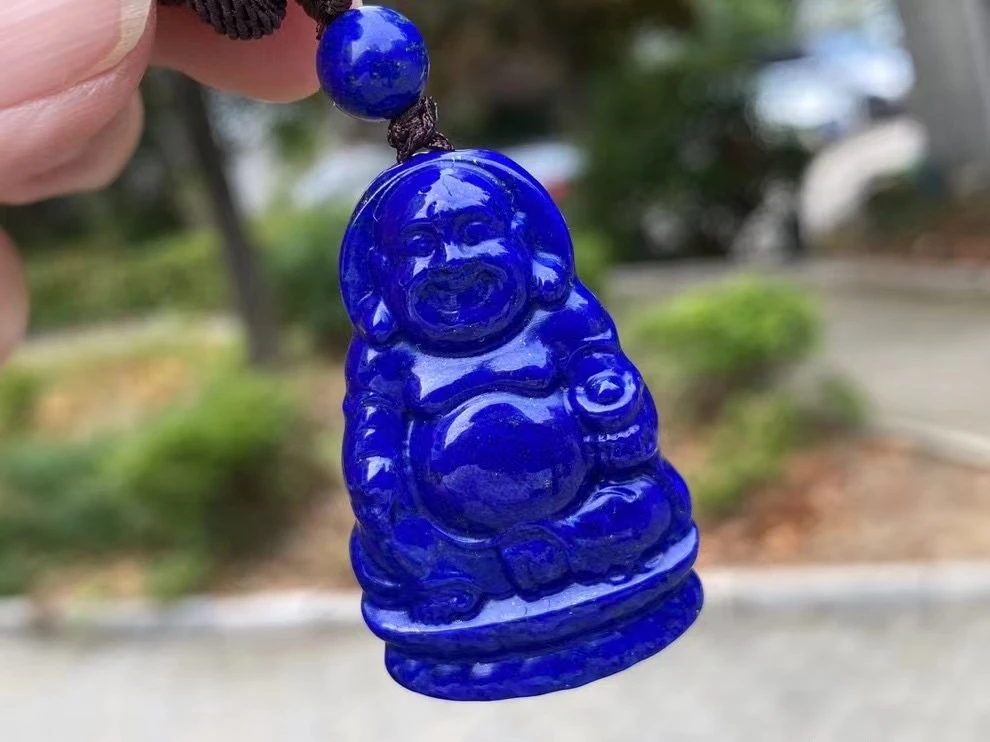 Natural Blue Lapis Lazuli Pendant Necklace 41.5 26 7.3mm Guanyin Carved Women Men 5mm Beads Jewelry Gemstone AAAAAA