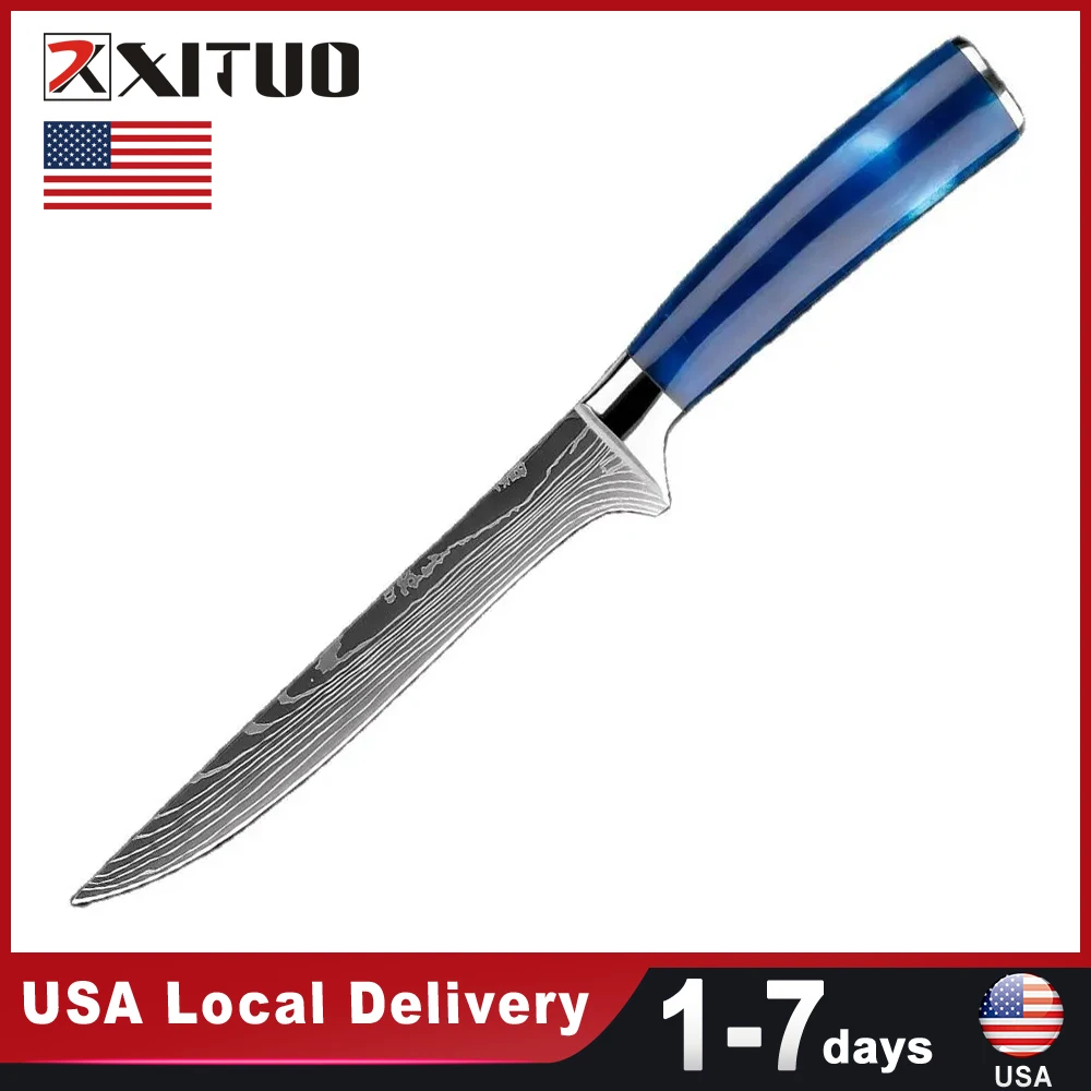 USA Warehouse Fast Shipping 6Inch Stainless Steel Boning Knife Blue Resin Kitchen Stainless Steel Sharp Household Skinning Knife