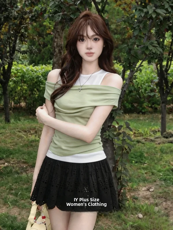 plus Size Pure Desire Folded Shoulder T-Shirt Women Summer Waist Cinching Belly Covering Slimming Atmosphere Top Korean Style