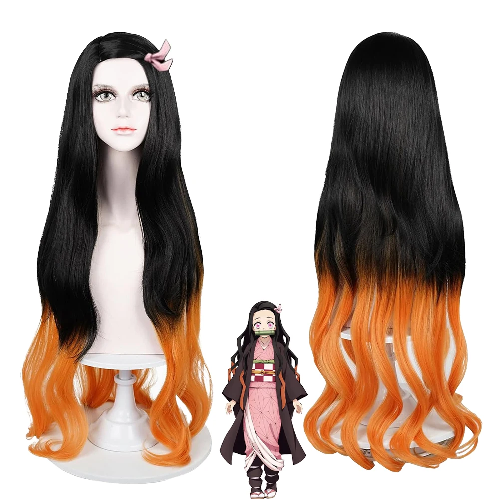 

High-Quality Anime Demon Slayer Kamado Nezuko Cosplay Composite Hair 32-Inch Wavy Curly Hair Halloween Carnival Daily Party Wig
