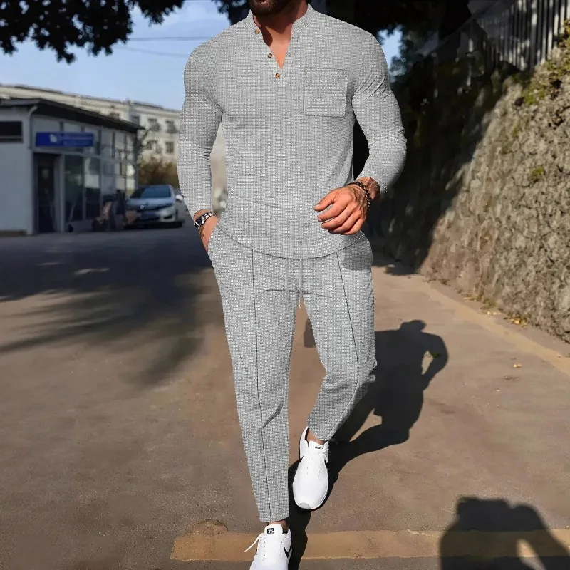 

Pant Set Men Two Piece Sets Henley Neck Full Sleeve Shirt Pencil Pants Lace Up Elastic Waist Y2k Streetwear Work Causal Summer