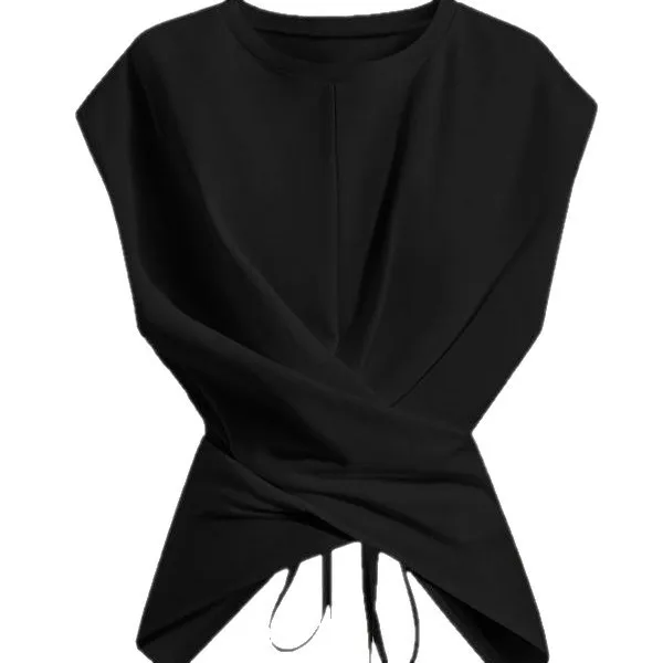 Short Sleeve Slim Fit Top Regular Length Elegant with Tie Strap Patchwork Streetwear Beach Date Dance Travel T Shirt for Women