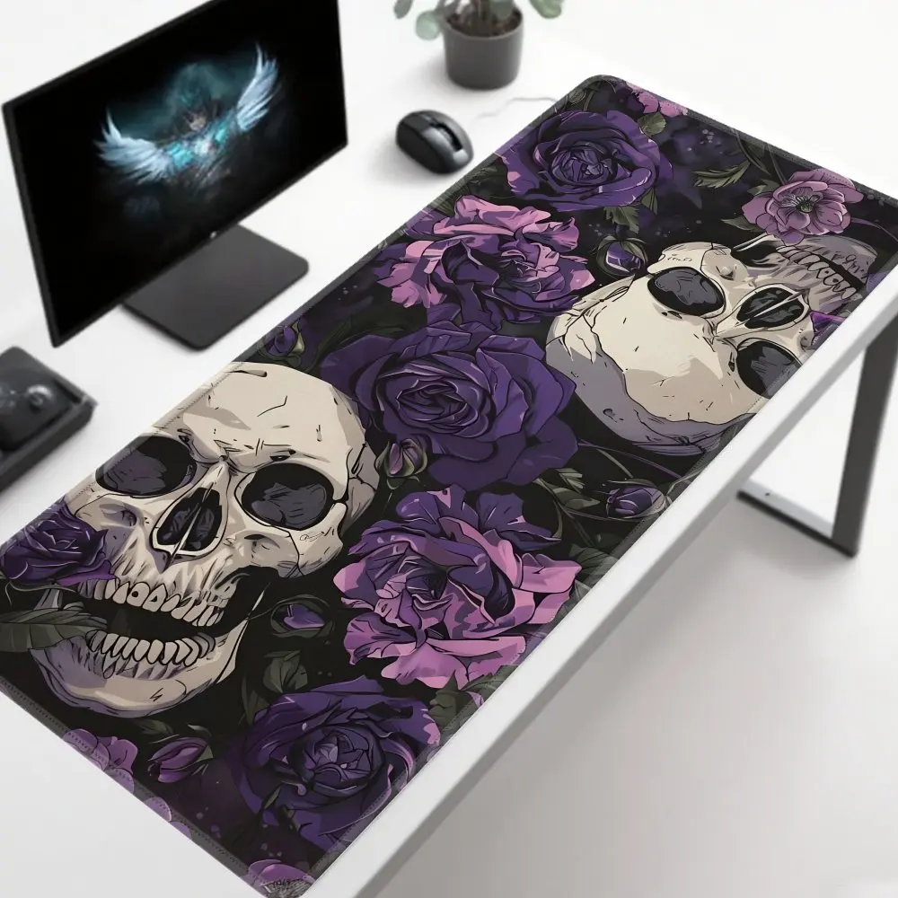 Gothic Skull Purple Flower Design Mouse Pad Desk Mat Gaming Mats Non Slip Stitched Edge Desk Accessories Computer Mousepads