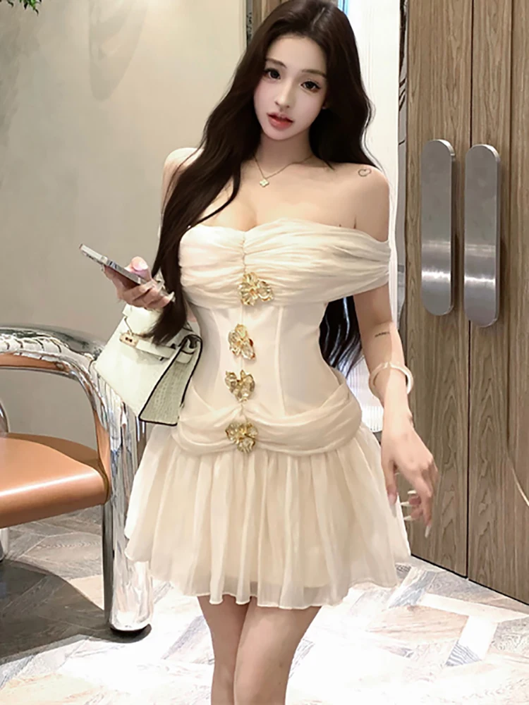 Vrouwen Solid Mesh Diamanten Chique Borst Wikkelen Sexy Mini Jurk Zomer Elegante Luxe Jurk 2025, Koreaanse Vintage Bodycon Galajurk