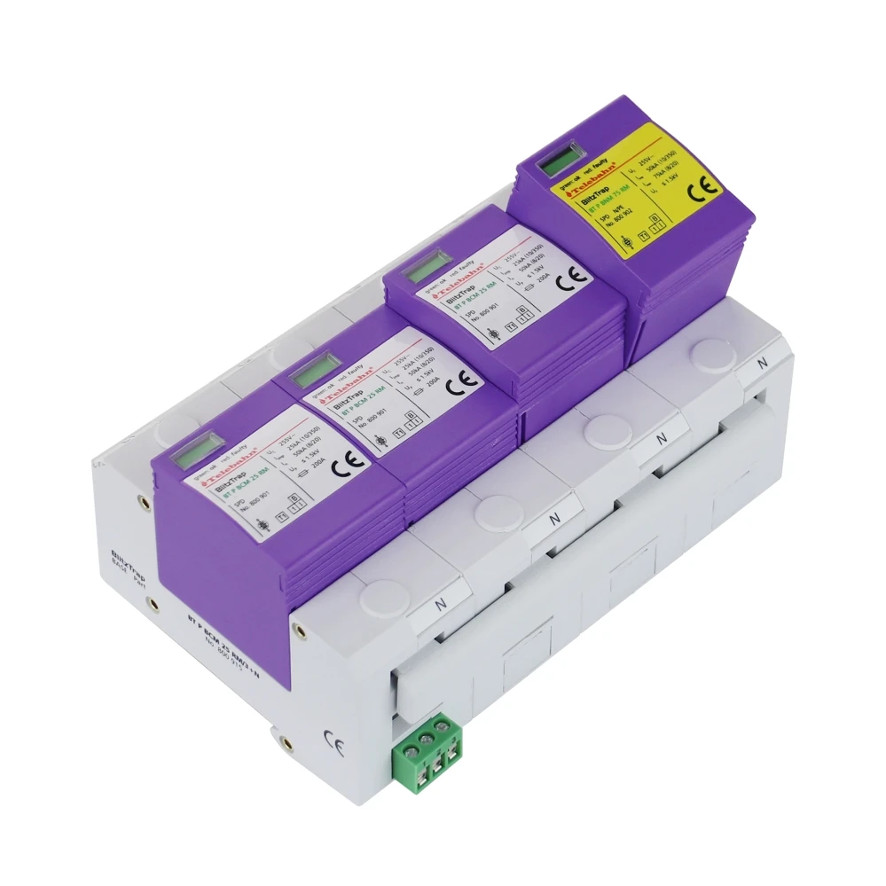 Surge Protector 255V AC 25kA 50kA 100kA SPD T1+T2 3P+NPE 3 Phase Surge Protection Device