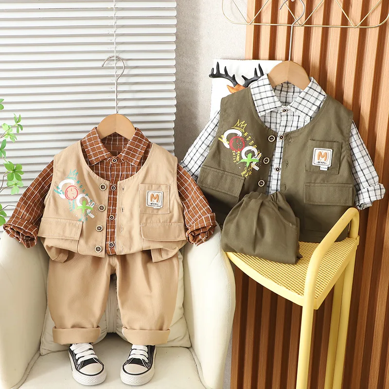 

Boys Fall 2025 Set Baby Toddler Autumn Casual Vest Plaid Shirt Pants Three-Piece Outfit Cute Kids Fashion Uniform Clothes