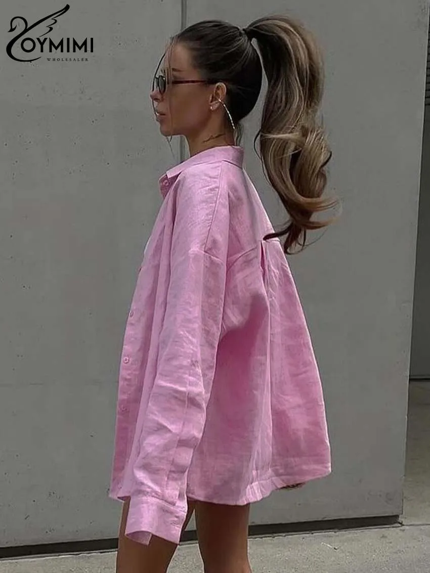 Oymimi-Conjunto de 2 piezas de algodón y cáñamo para mujer, elegante camisa de manga larga con botones y pantalones cortos simples de cintura alta,