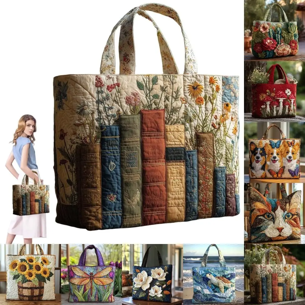 Vintage Women Quilted Tote Bag 3D Printed Patterns Lightweight Canvas Shoulder Bag Large Capacity Cotton Travel Handbag