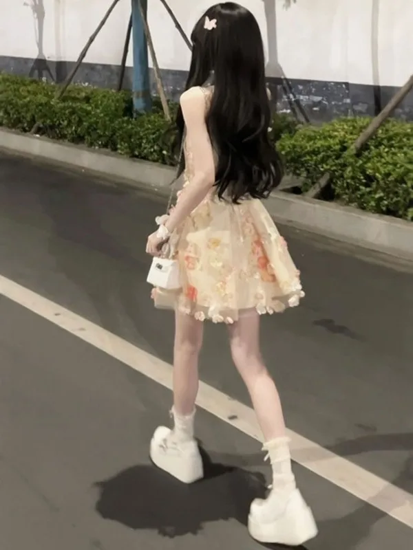 

Unique Summer Fairy Skirt Off-Shoulder Lace Midi Dress Floral 3D Embroidery Non-Repeating Cotton Gauze Women's Dress