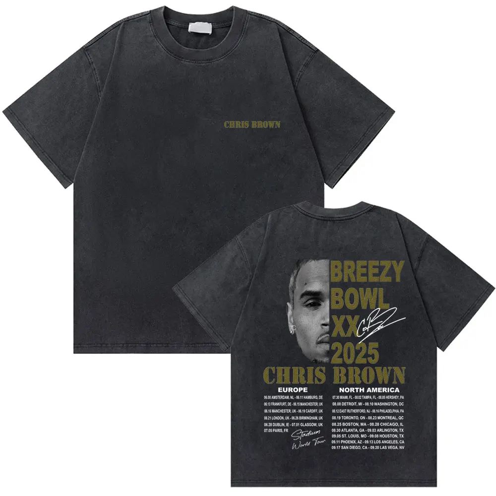 

2025 Washed Rapper Chris Brown Breezy Bowl XX World Tour T-shirts Men Women Hip Hop Retro T-shirt Men's Fashion Trend Streetwear