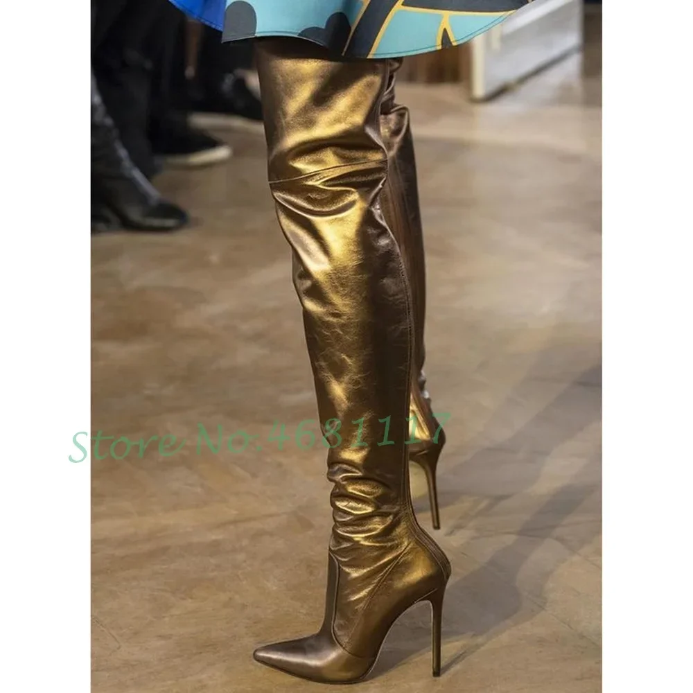Dark Gold Metallic Long Boots Women's Elegant Pointed Toe High Stiletto Heel Boots Back Zipper Shiny Leather Catwalk Party Shoes