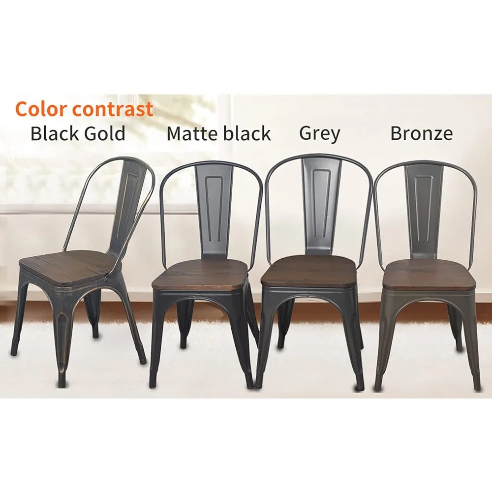 كراسي طعام معدنية، كراسي مطبخ مكدسة للمزرعة، مجموعة من 4 قطع من الذهب الأسود مع مقعد خشبي عالي الظهر لمطعم غرفة الطعام