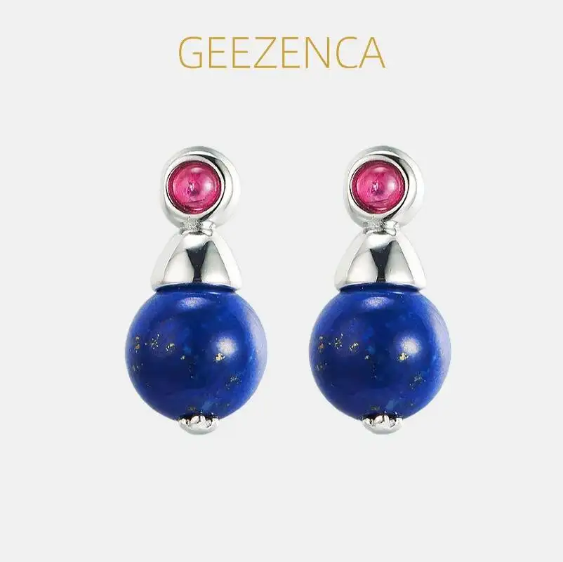 

GEEZENCA 925 Silver Blue Lapis Lazuli Ball Stud Earrings Women CZ Trendy Dainty Lightweight Stack Small Droplet Earring Gift