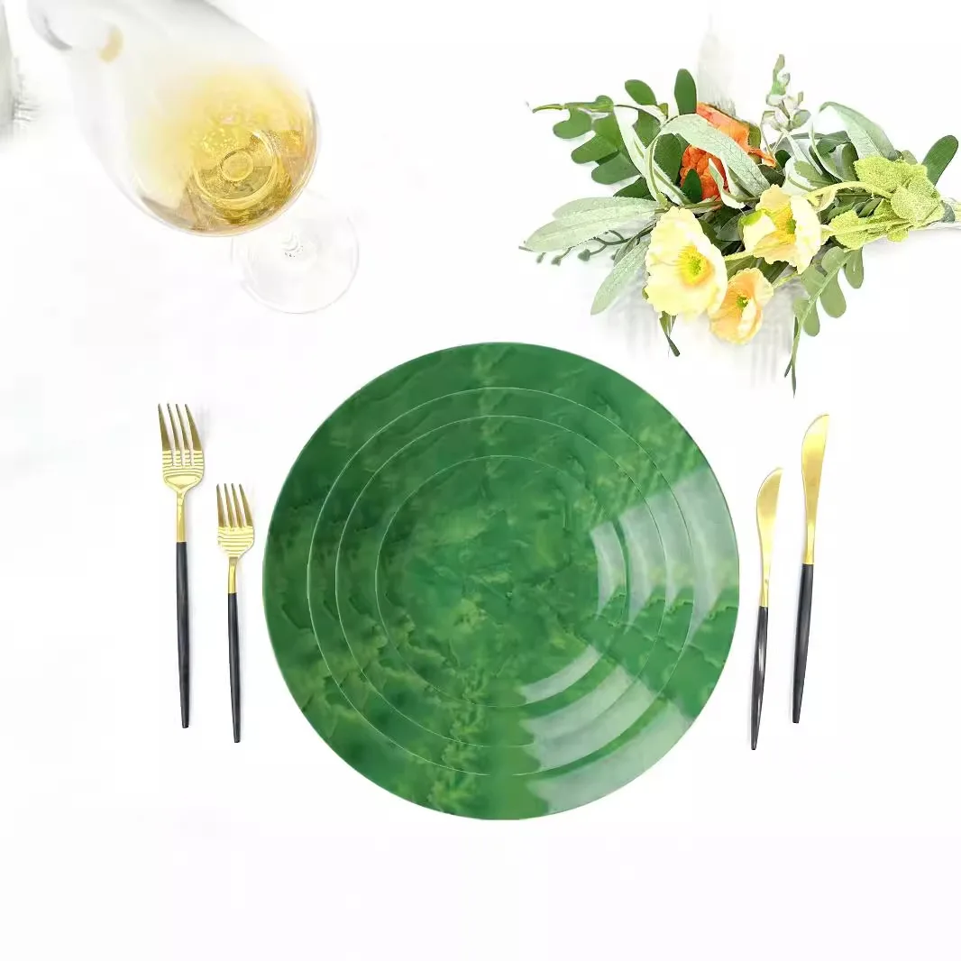 

Bone china plate set 4PCS,Western style plate, steak, Italian noodle plate, Green marble ceramic disc glazed color tableware