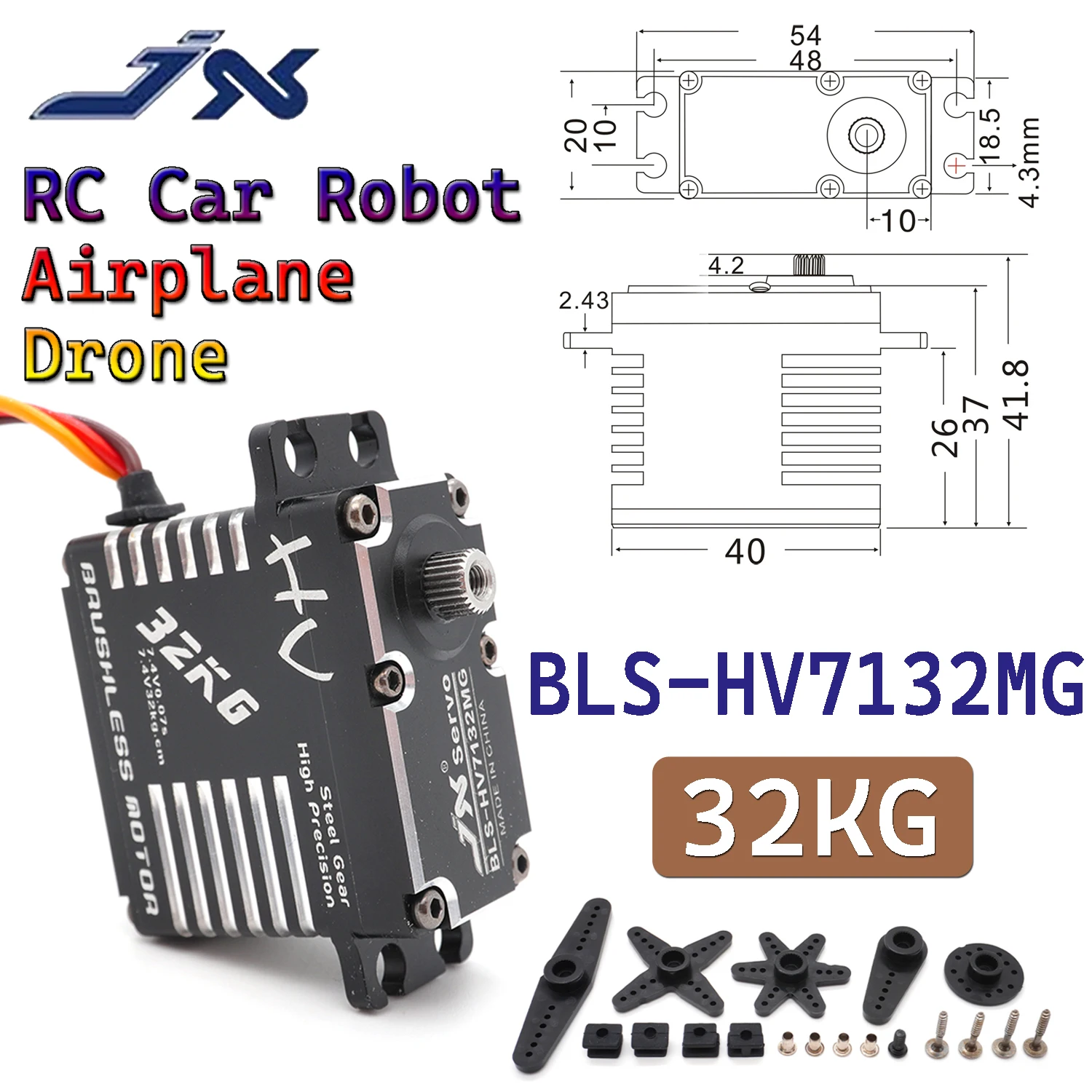 JX BLS-HV7132MG 32KG High Speed Precision Metal Gear Brushless Digital Servo 0.07sec for RC Car Airplane Drone Robot Accessory