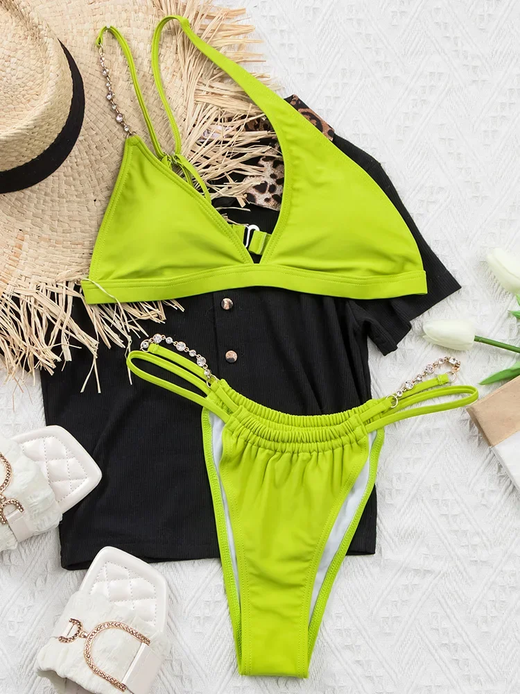 Asymmetric One Shoulder Diamond Bikini Women Swimwear Female Swimsuit Two Pieces Bikini Set Hollow Out Bathing Suit Swim Lady