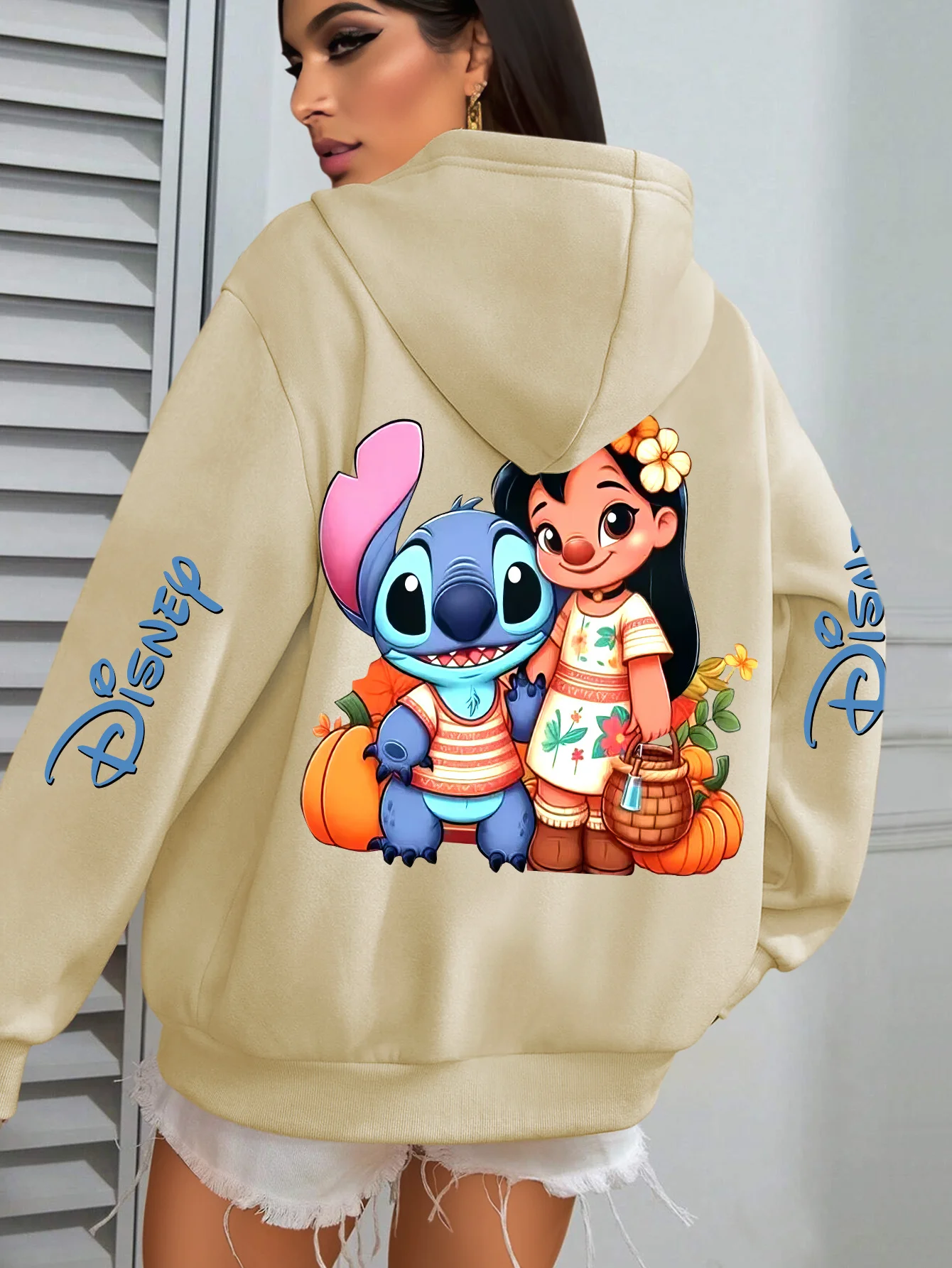 Women's Disney Lilo & Stitch Pattern Autumn and Winter Fleece Hooded Sweatshirt Unisex Streetwear Oversized Loose Casual
