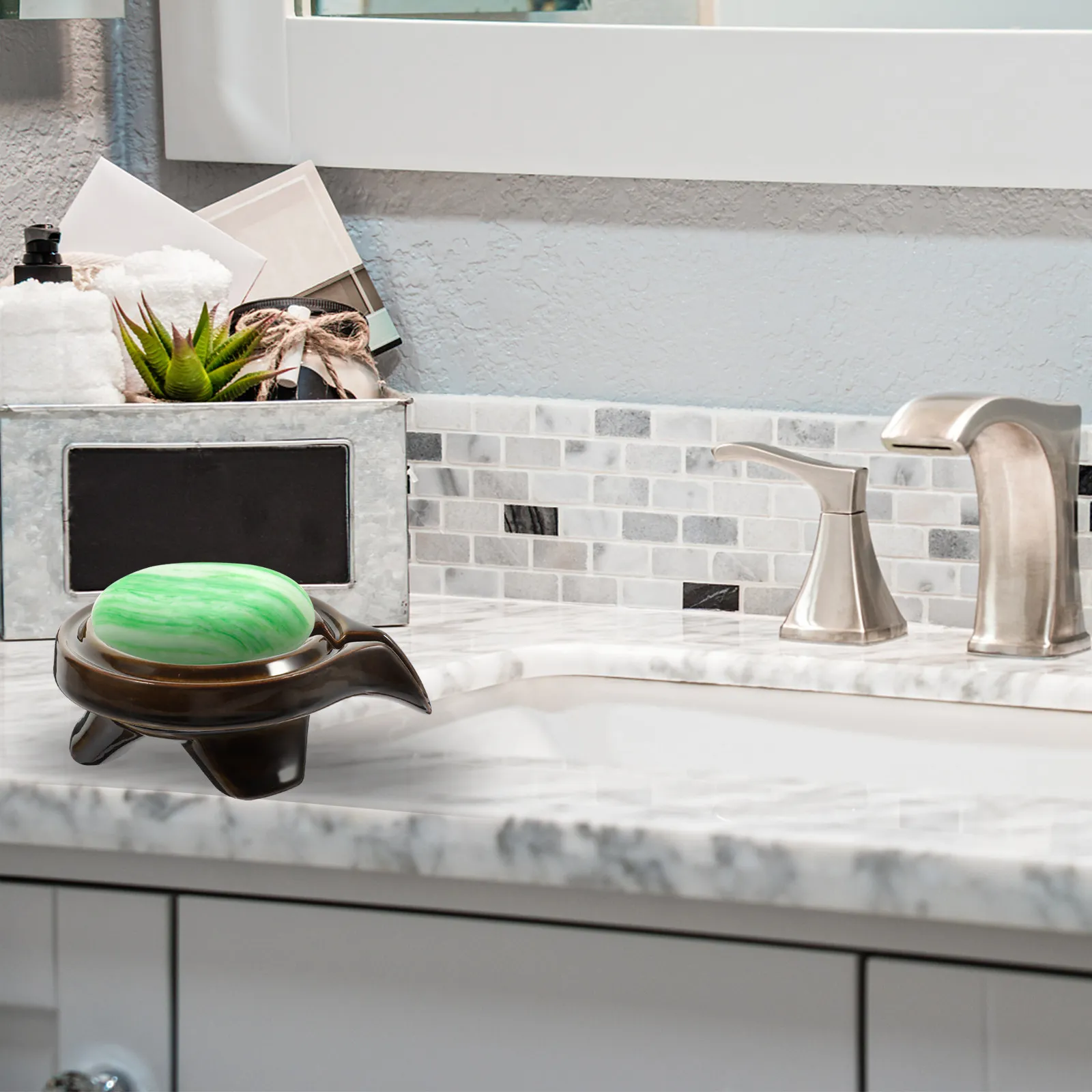 

Ceramic Soap Dish Retro Stone Mill Design Self-Draining Holder for Bathroom Shower Wash Table Bar Soap Organizer