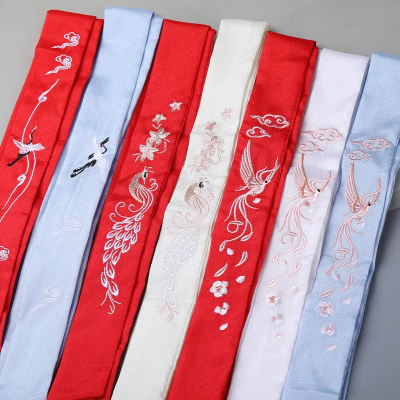 Chinese Style Embroidered Satin Hair Ribbons Hanfu Ties With Crane Phoenix Cloud Pattern For Women Cosplay Party Daily Hair Wear