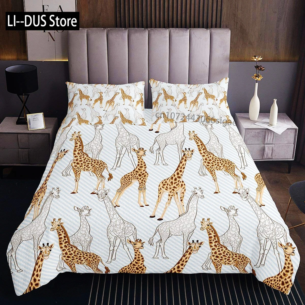 Cute Giraffe Bedding Set Full Size 3pcs with 1 Duvet Cover 2 Pillowcases Animal Bedding Set for Kids Boys Girls Room Decoration
