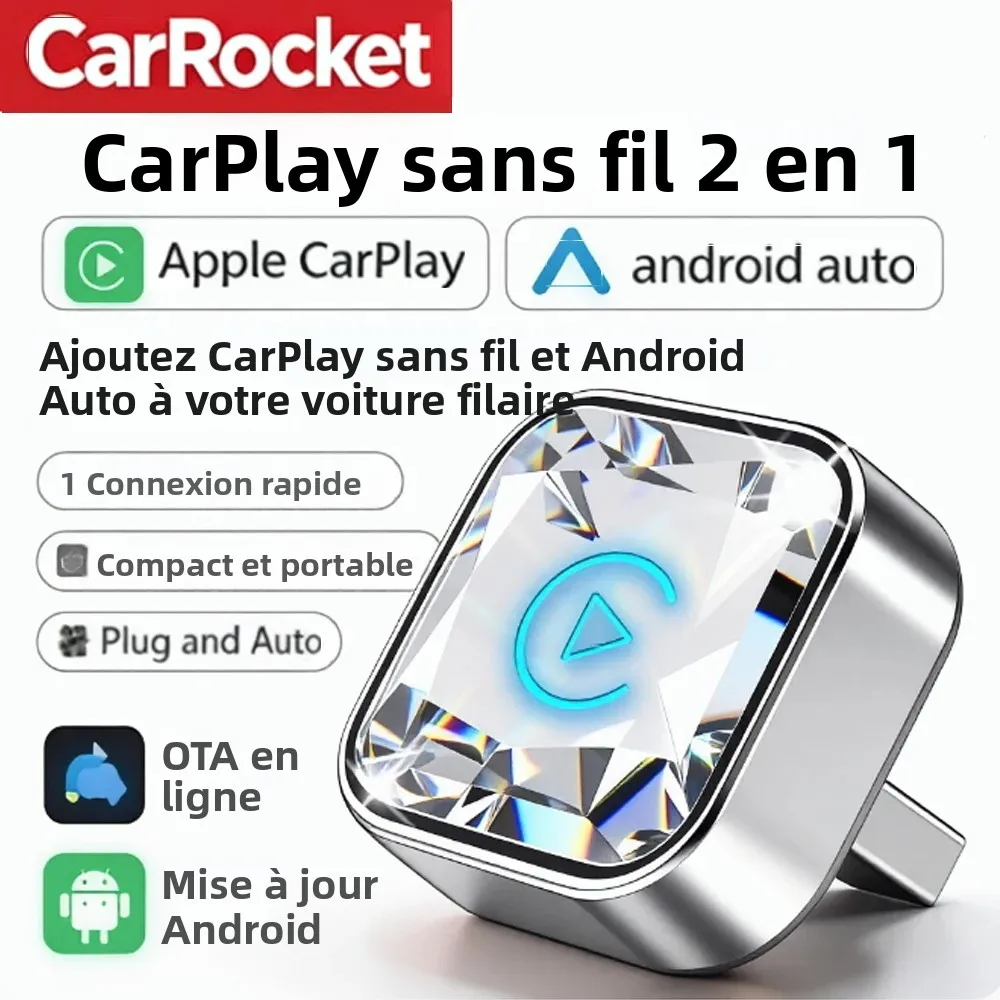 Adaptateur sans fil CarRocket Mini 2 en 1, CarPlay sans fil, Android Auto pour voiture OEM, Plug and Play, connexion automatique WiFi Bluetooth