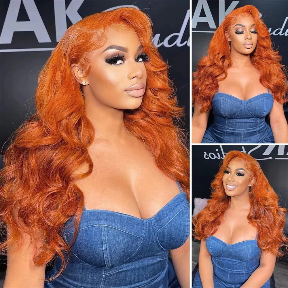 210% de alta densidad HD transparente 13x6 jengibre cuerpo onda peluca con malla Frontal 350 Color naranja 13X4 encaje Frontal peluca de cabello humano cabello Remy