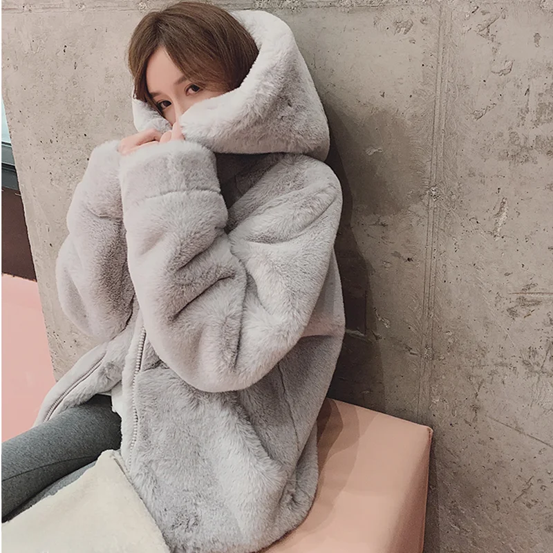 

Korean Version of The New 2024 Plush Fur Coat Women's Winter Long Loose Imitation Rex Rabbit Thick Rabbit Hair Hooded Coat