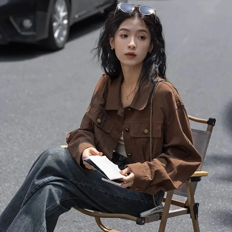 New Fashion Coffee Long-sleeved Single-breasted Loose Cardigan Jacket Women's Spring and Autumn Slim Short Tooling Jacket Top