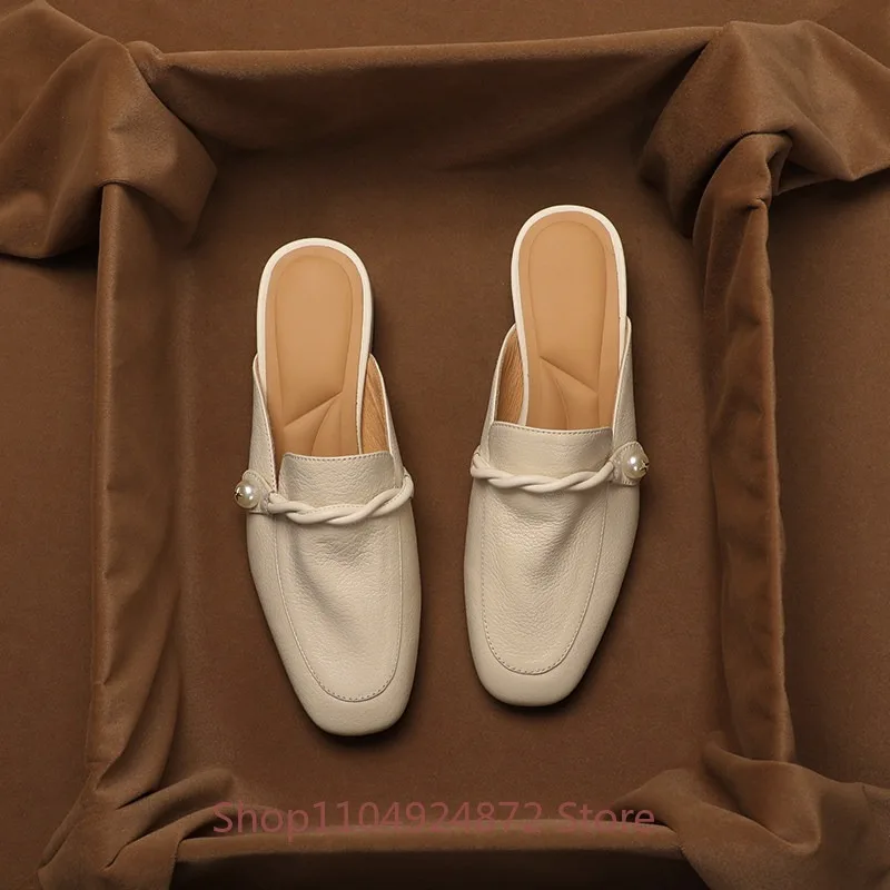 French Genuine Leather Half Slippers Women Luxury High Heels Outdoor Summer Slip on Work Leather Shoes Female Loafers