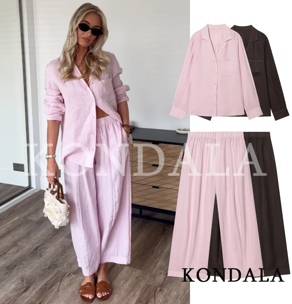 Ensemble de pantalon décontracté KONDALA pour femme, chemise tendance polyvalente à boutons, pantalon taille élastique coupe seau, collection Printemps-Été 2026 pour les vacances et le style urbain