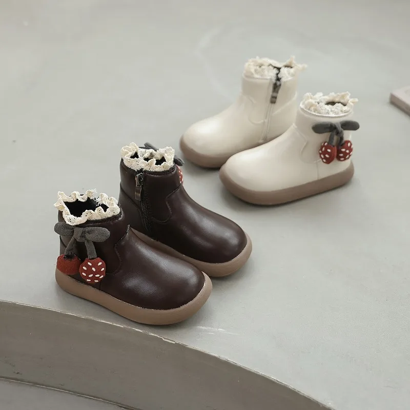 

Зимние детские хлопковые сапоги, новые повседневные плюшевые сапоги для девочек, платье принцессы, модные милые кружевные детские ботильоны для свадебной вечеринки